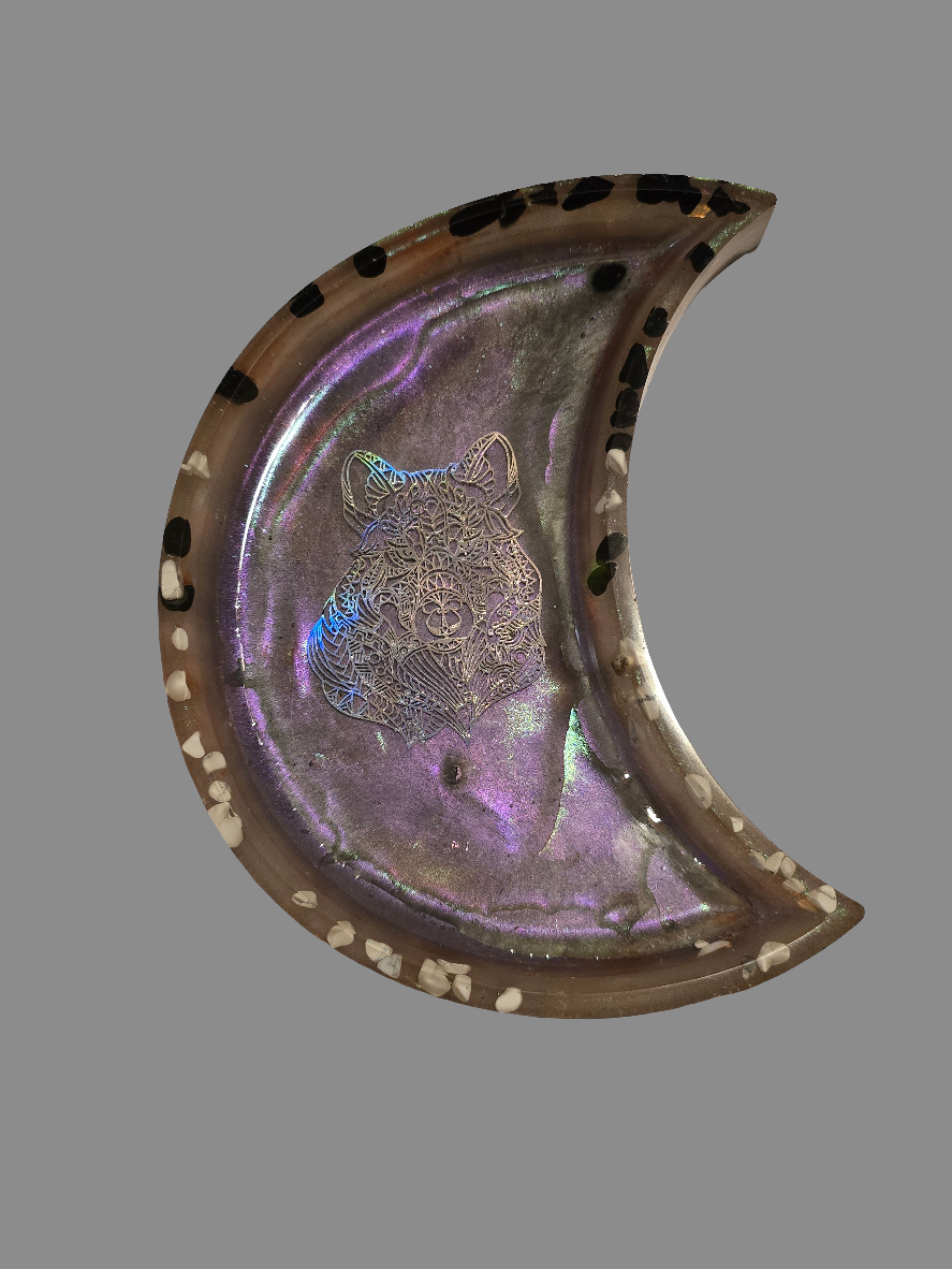 Moon-Shaped Resin Tray with Wolf Design and Crystal Accents