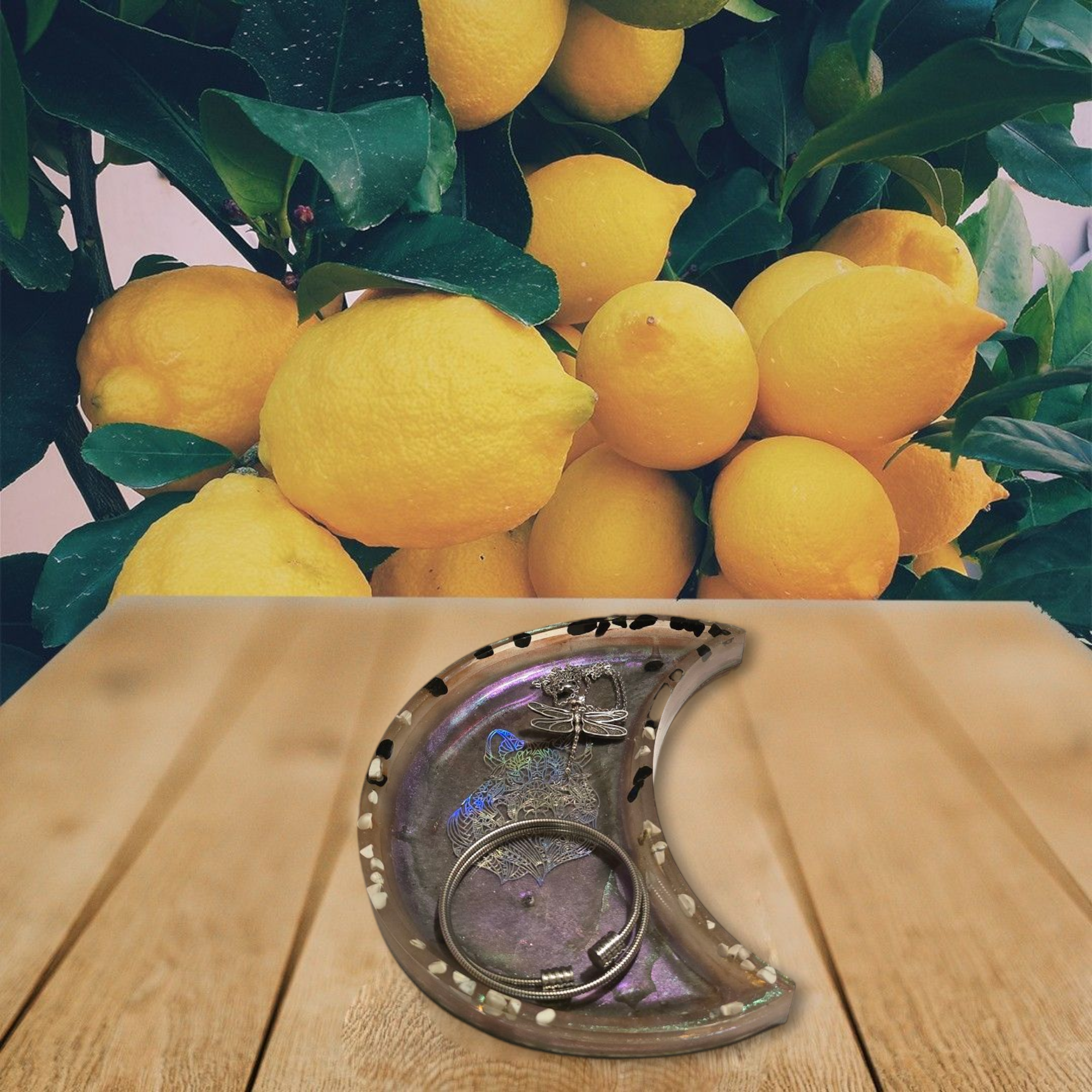 Moon-Shaped Resin Tray with Wolf Design and Crystal Accents